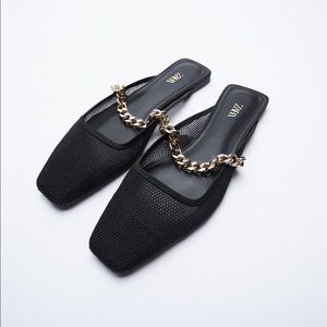 Zara black mesh slide shoes with chain NWT